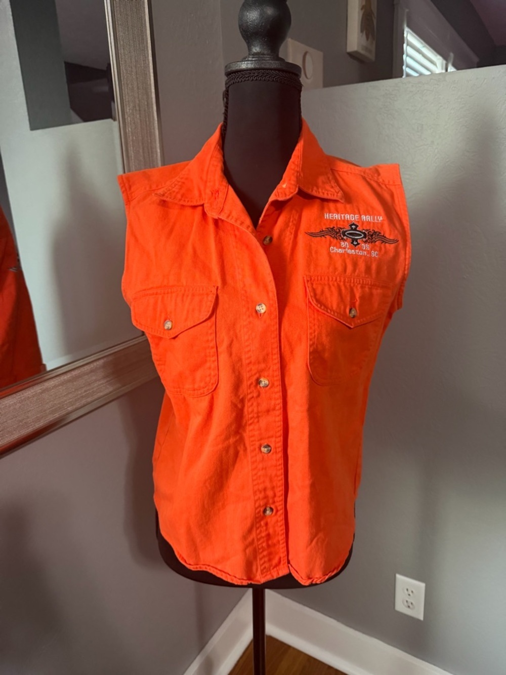 VTG Motorcycle Rally Y2K Heritage SC 2005 Orange Denim Biker Vest Medium